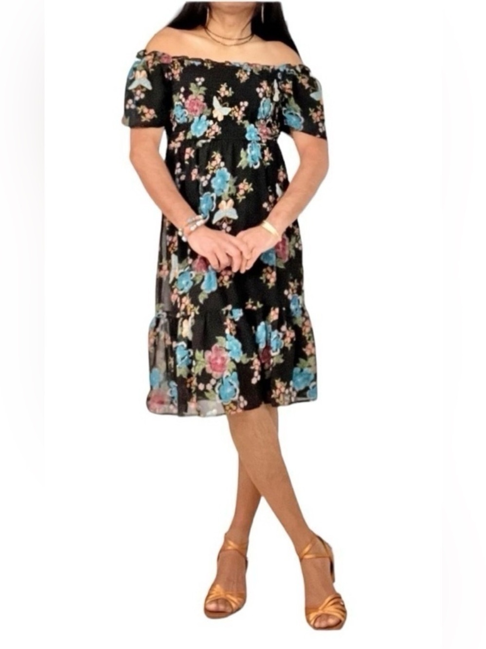 Lauren Conrad Plus Balloon Sleeve Smocked Midi Dress Sz XL Black Butterfly